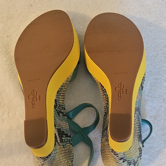 Cole Haan Nike Air Teal and Yellow  Sandals 9B Turquoise & Yellow Snake Wedge - Picture 12 of 16